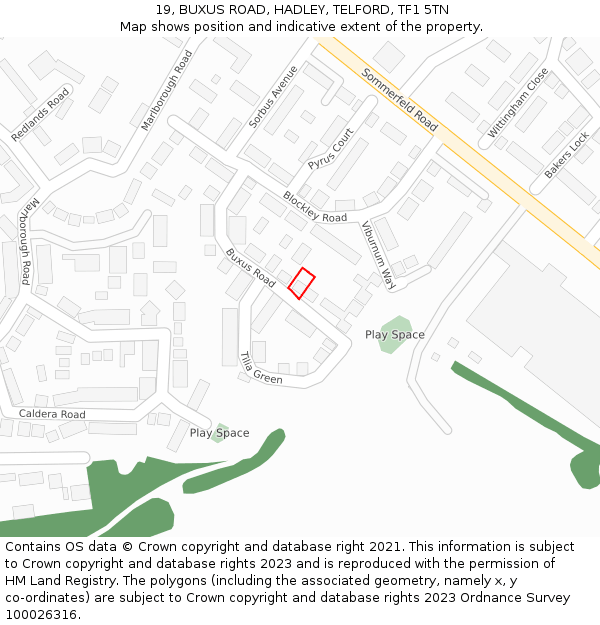 19, BUXUS ROAD, HADLEY, TELFORD, TF1 5TN: Location map and indicative extent of plot