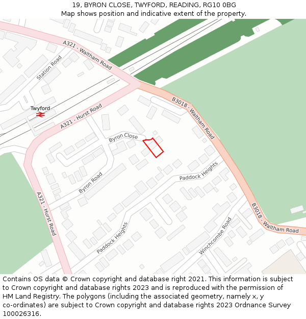 19, BYRON CLOSE, TWYFORD, READING, RG10 0BG: Location map and indicative extent of plot