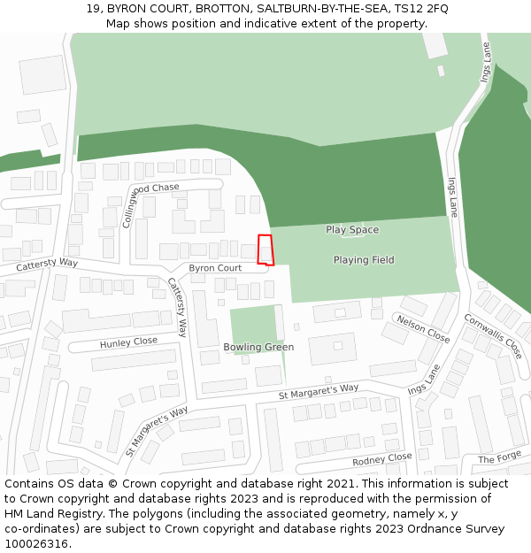 19, BYRON COURT, BROTTON, SALTBURN-BY-THE-SEA, TS12 2FQ: Location map and indicative extent of plot