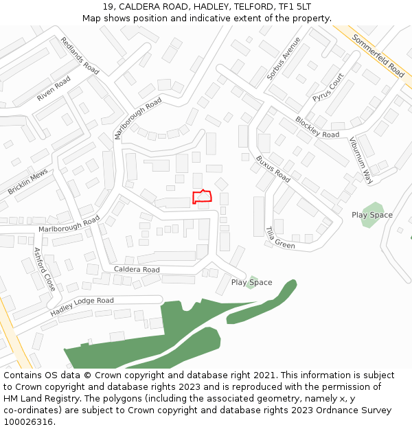 19, CALDERA ROAD, HADLEY, TELFORD, TF1 5LT: Location map and indicative extent of plot