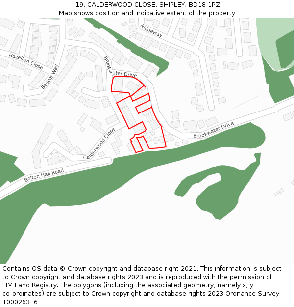 19, CALDERWOOD CLOSE, SHIPLEY, BD18 1PZ: Location map and indicative extent of plot