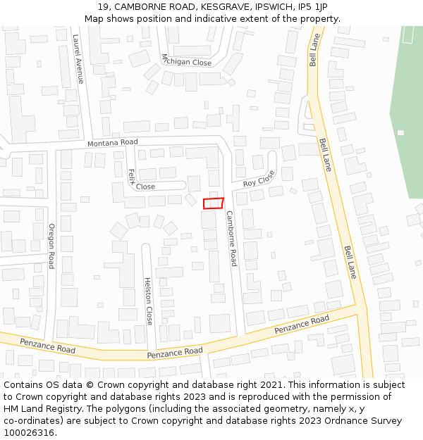 19, CAMBORNE ROAD, KESGRAVE, IPSWICH, IP5 1JP: Location map and indicative extent of plot