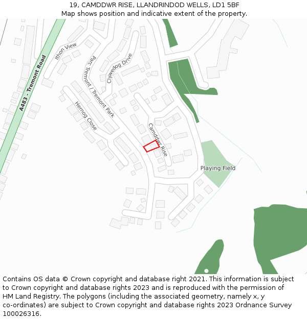 19, CAMDDWR RISE, LLANDRINDOD WELLS, LD1 5BF: Location map and indicative extent of plot