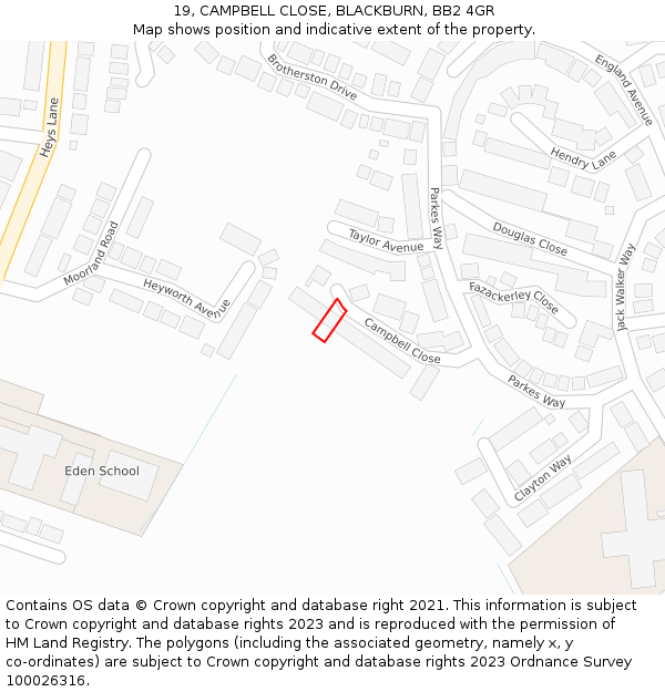 19, CAMPBELL CLOSE, BLACKBURN, BB2 4GR: Location map and indicative extent of plot