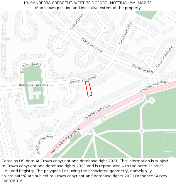 19, CANBERRA CRESCENT, WEST BRIDGFORD, NOTTINGHAM, NG2 7FL: Location map and indicative extent of plot