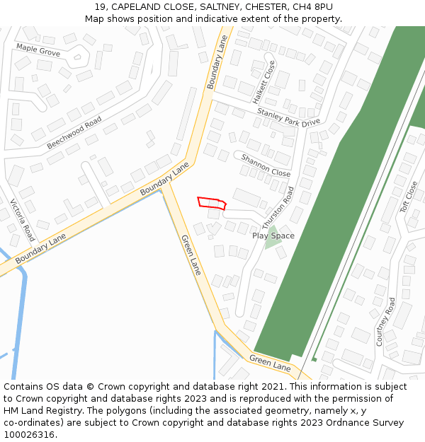 19, CAPELAND CLOSE, SALTNEY, CHESTER, CH4 8PU: Location map and indicative extent of plot