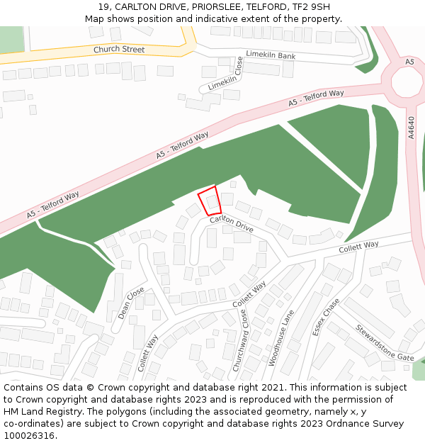 19, CARLTON DRIVE, PRIORSLEE, TELFORD, TF2 9SH: Location map and indicative extent of plot