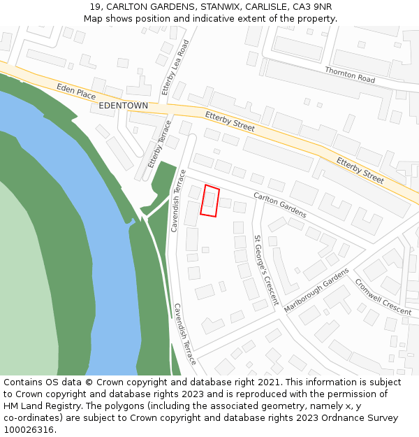 19, CARLTON GARDENS, STANWIX, CARLISLE, CA3 9NR: Location map and indicative extent of plot
