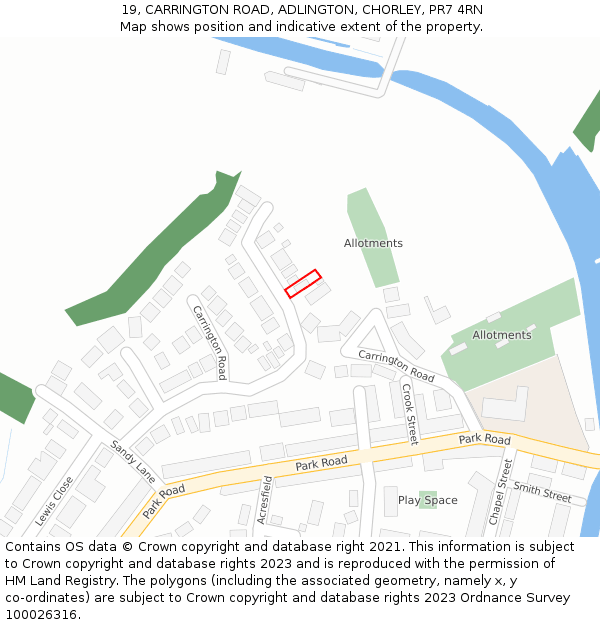 19, CARRINGTON ROAD, ADLINGTON, CHORLEY, PR7 4RN: Location map and indicative extent of plot