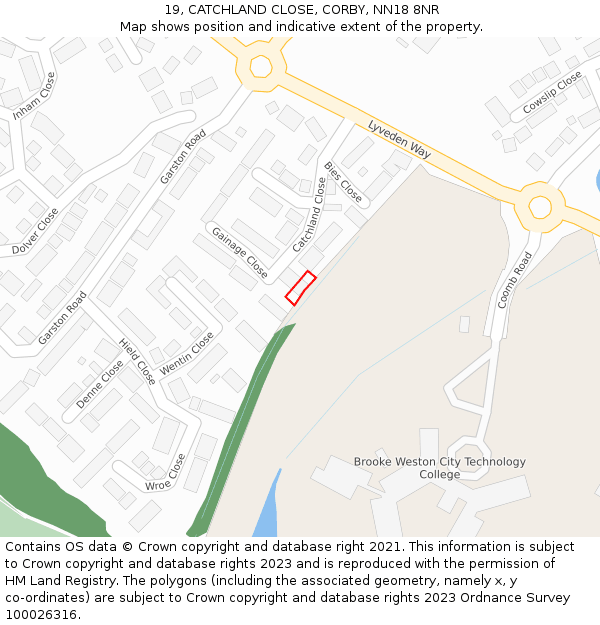 19, CATCHLAND CLOSE, CORBY, NN18 8NR: Location map and indicative extent of plot