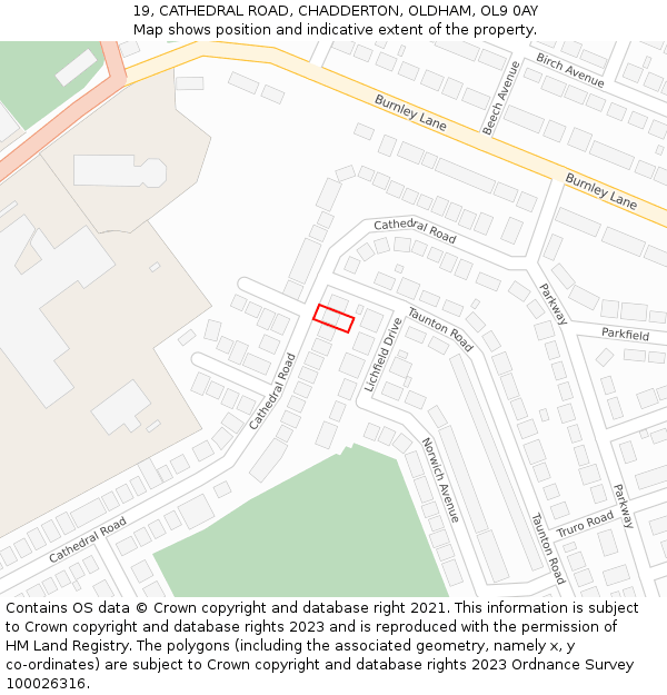 19, CATHEDRAL ROAD, CHADDERTON, OLDHAM, OL9 0AY: Location map and indicative extent of plot