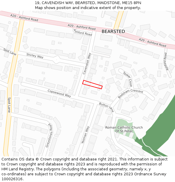 19, CAVENDISH WAY, BEARSTED, MAIDSTONE, ME15 8PN: Location map and indicative extent of plot