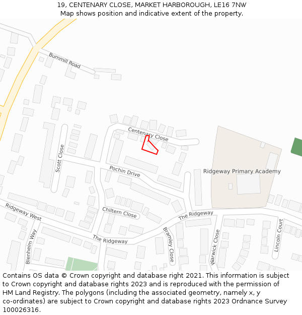 19, CENTENARY CLOSE, MARKET HARBOROUGH, LE16 7NW: Location map and indicative extent of plot