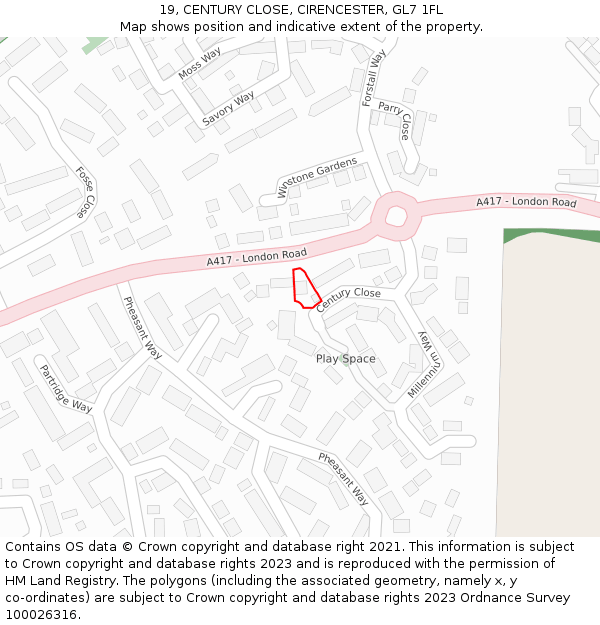 19, CENTURY CLOSE, CIRENCESTER, GL7 1FL: Location map and indicative extent of plot