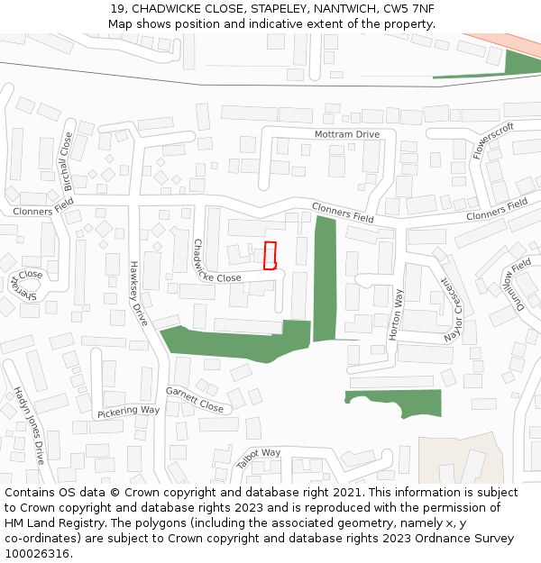 19, CHADWICKE CLOSE, STAPELEY, NANTWICH, CW5 7NF: Location map and indicative extent of plot