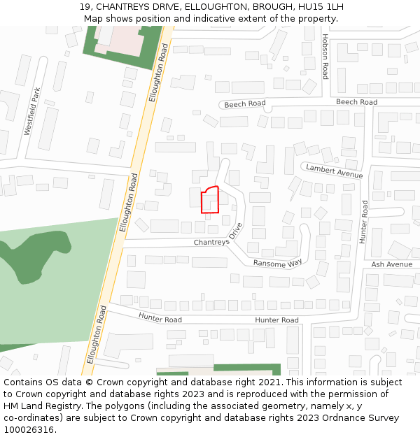 19, CHANTREYS DRIVE, ELLOUGHTON, BROUGH, HU15 1LH: Location map and indicative extent of plot