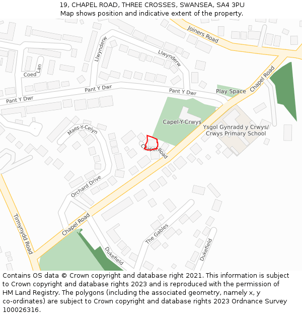 19, CHAPEL ROAD, THREE CROSSES, SWANSEA, SA4 3PU: Location map and indicative extent of plot