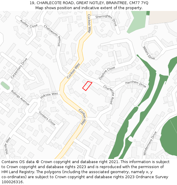 19, CHARLECOTE ROAD, GREAT NOTLEY, BRAINTREE, CM77 7YQ: Location map and indicative extent of plot