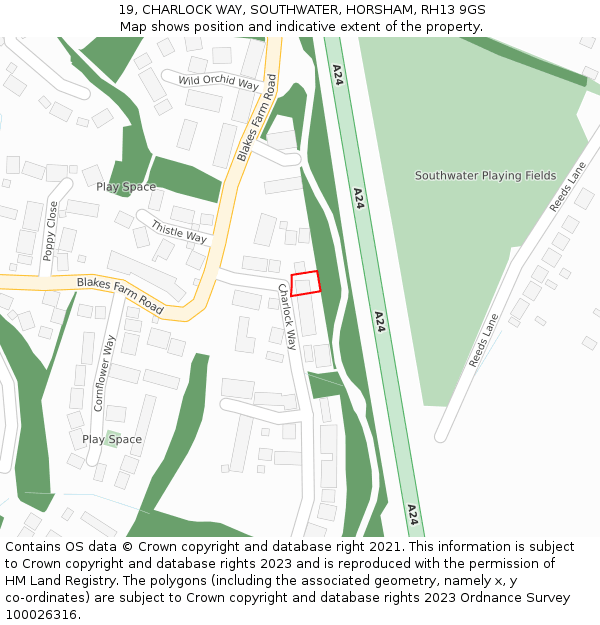 19, CHARLOCK WAY, SOUTHWATER, HORSHAM, RH13 9GS: Location map and indicative extent of plot