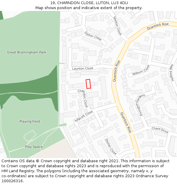 19, CHARNDON CLOSE, LUTON, LU3 4DU: Location map and indicative extent of plot