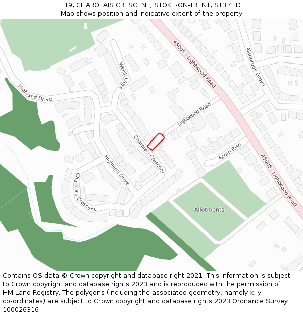 19, CHAROLAIS CRESCENT, STOKE-ON-TRENT, ST3 4TD: Location map and indicative extent of plot