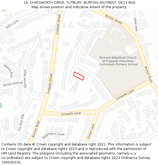 19, CHATSWORTH DRIVE, TUTBURY, BURTON-ON-TRENT, DE13 9NS: Location map and indicative extent of plot