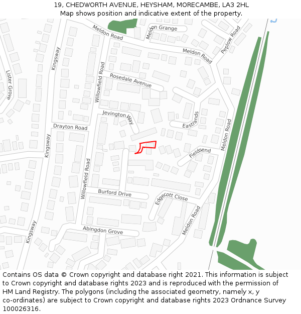 19, CHEDWORTH AVENUE, HEYSHAM, MORECAMBE, LA3 2HL: Location map and indicative extent of plot