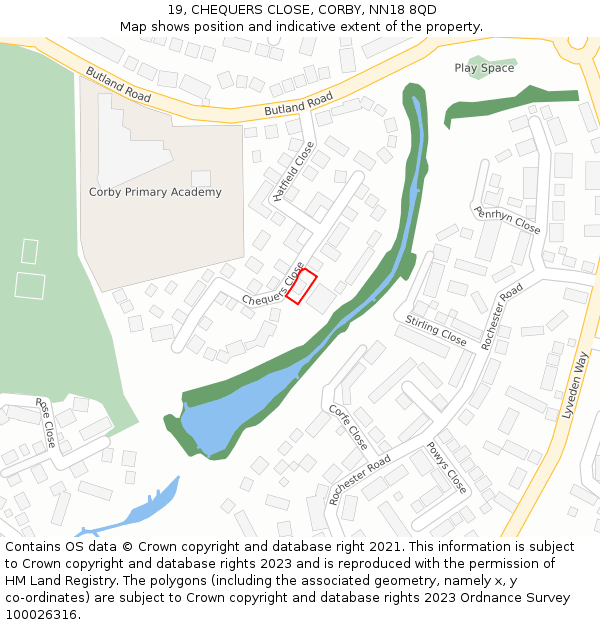19, CHEQUERS CLOSE, CORBY, NN18 8QD: Location map and indicative extent of plot