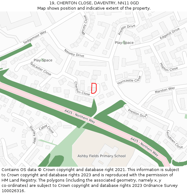 19, CHERITON CLOSE, DAVENTRY, NN11 0GD: Location map and indicative extent of plot