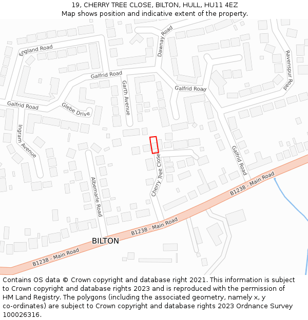 19, CHERRY TREE CLOSE, BILTON, HULL, HU11 4EZ: Location map and indicative extent of plot