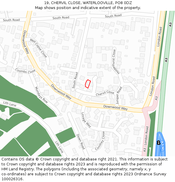 19, CHERVIL CLOSE, WATERLOOVILLE, PO8 0DZ: Location map and indicative extent of plot