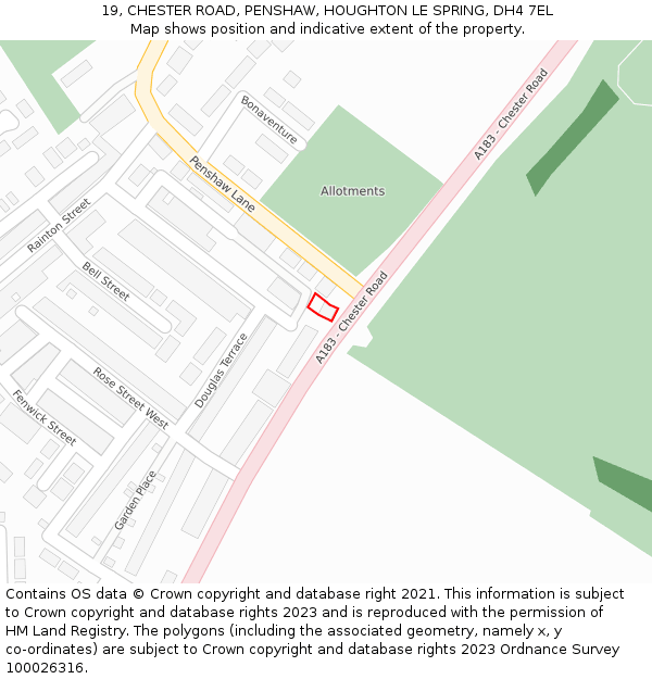 19, CHESTER ROAD, PENSHAW, HOUGHTON LE SPRING, DH4 7EL: Location map and indicative extent of plot