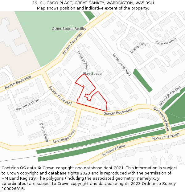 19, CHICAGO PLACE, GREAT SANKEY, WARRINGTON, WA5 3SH: Location map and indicative extent of plot