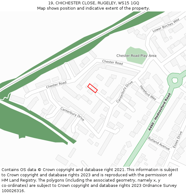 19, CHICHESTER CLOSE, RUGELEY, WS15 1GQ: Location map and indicative extent of plot