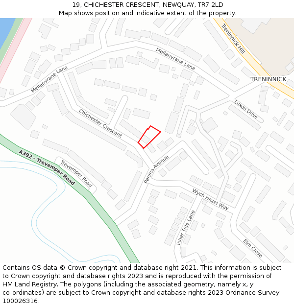 19, CHICHESTER CRESCENT, NEWQUAY, TR7 2LD: Location map and indicative extent of plot