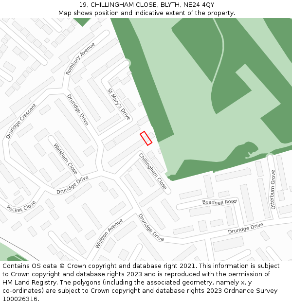 19, CHILLINGHAM CLOSE, BLYTH, NE24 4QY: Location map and indicative extent of plot