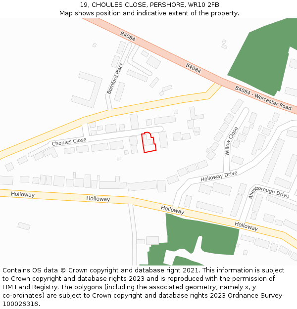 19, CHOULES CLOSE, PERSHORE, WR10 2FB: Location map and indicative extent of plot