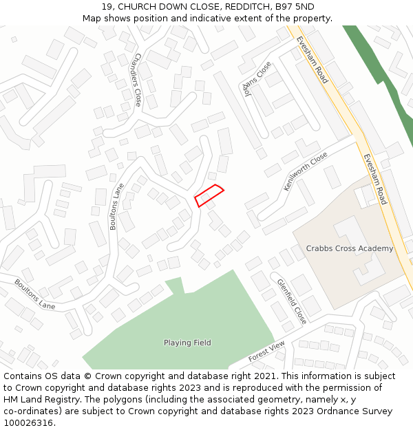 19, CHURCH DOWN CLOSE, REDDITCH, B97 5ND: Location map and indicative extent of plot