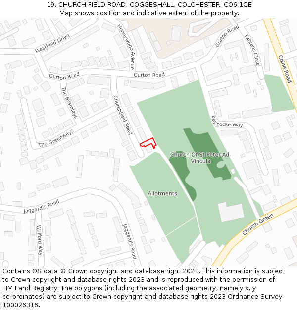 19, CHURCH FIELD ROAD, COGGESHALL, COLCHESTER, CO6 1QE: Location map and indicative extent of plot