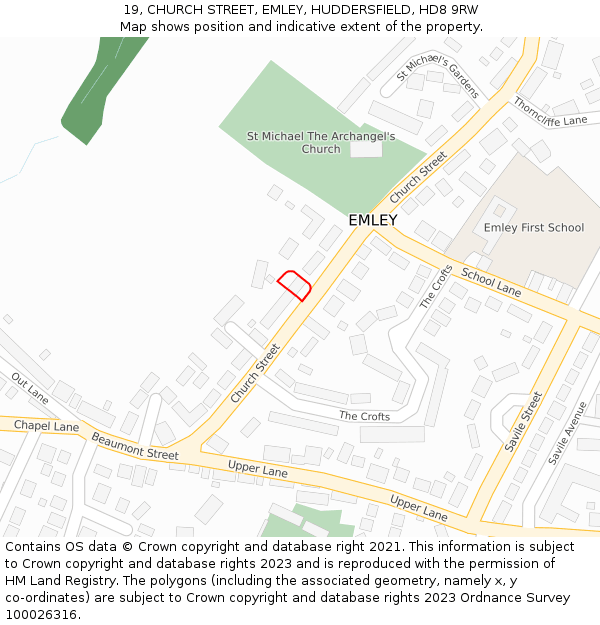 19, CHURCH STREET, EMLEY, HUDDERSFIELD, HD8 9RW: Location map and indicative extent of plot