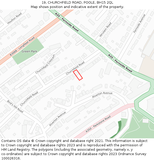 19, CHURCHFIELD ROAD, POOLE, BH15 2QL: Location map and indicative extent of plot