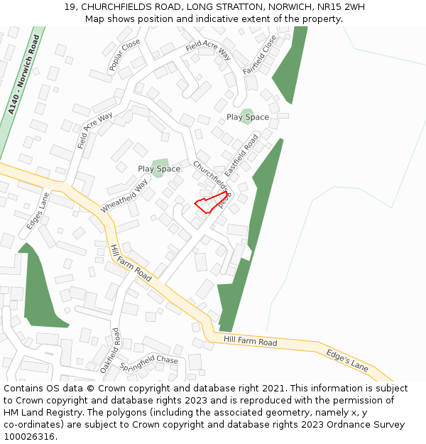 19, CHURCHFIELDS ROAD, LONG STRATTON, NORWICH, NR15 2WH: Location map and indicative extent of plot