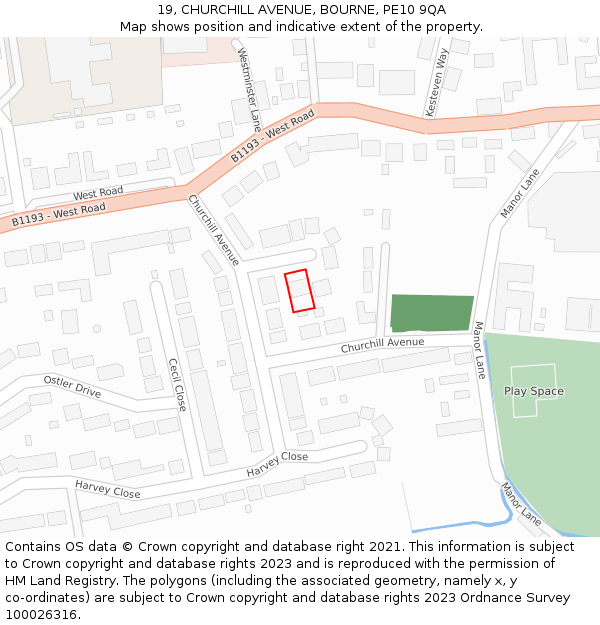 19, CHURCHILL AVENUE, BOURNE, PE10 9QA: Location map and indicative extent of plot