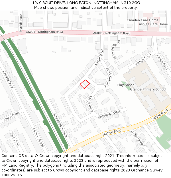 19, CIRCUIT DRIVE, LONG EATON, NOTTINGHAM, NG10 2GG: Location map and indicative extent of plot
