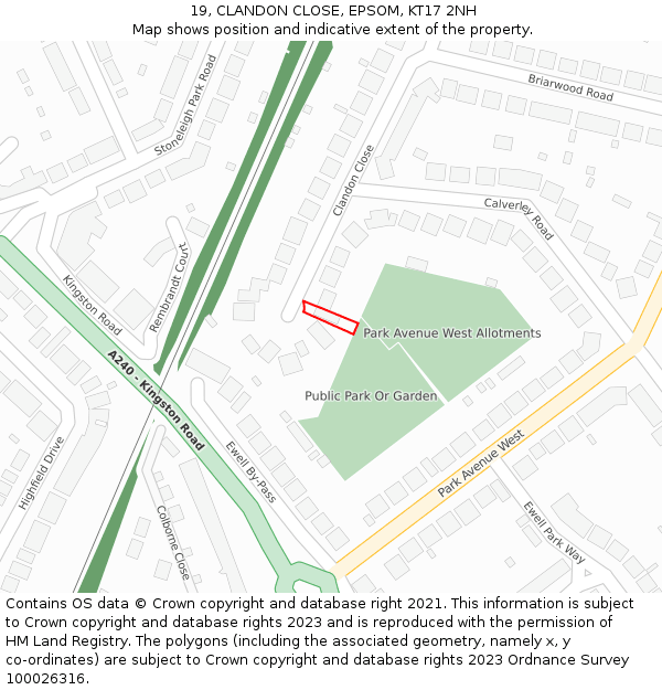 19, CLANDON CLOSE, EPSOM, KT17 2NH: Location map and indicative extent of plot