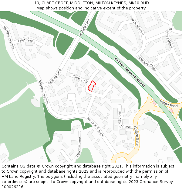 19, CLARE CROFT, MIDDLETON, MILTON KEYNES, MK10 9HD: Location map and indicative extent of plot