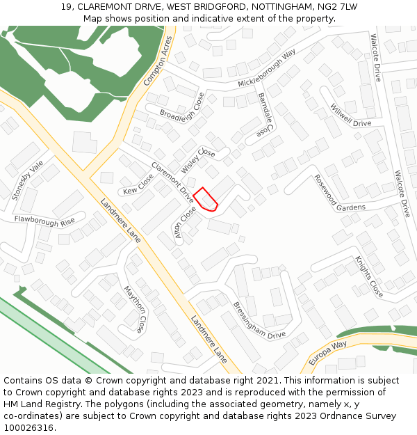 19, CLAREMONT DRIVE, WEST BRIDGFORD, NOTTINGHAM, NG2 7LW: Location map and indicative extent of plot