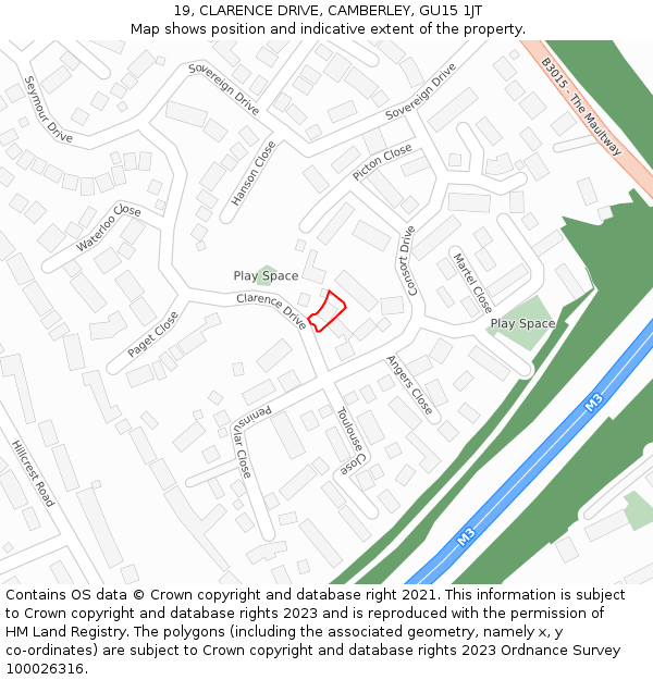19, CLARENCE DRIVE, CAMBERLEY, GU15 1JT: Location map and indicative extent of plot