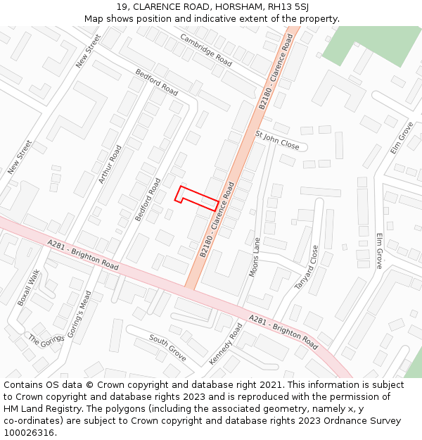 19, CLARENCE ROAD, HORSHAM, RH13 5SJ: Location map and indicative extent of plot