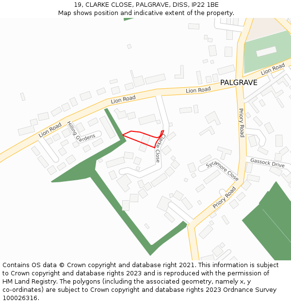 19, CLARKE CLOSE, PALGRAVE, DISS, IP22 1BE: Location map and indicative extent of plot